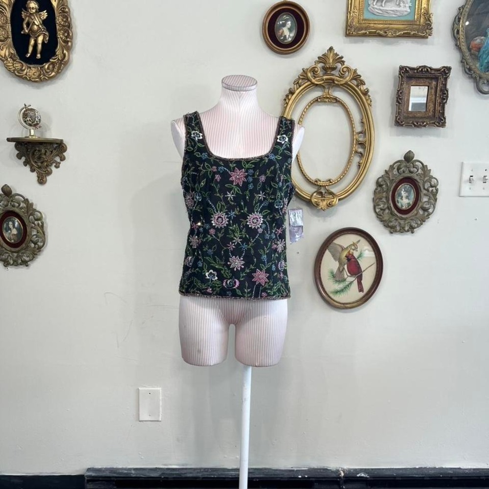 Vintage Marina by Marina Bresler Silk Beaded Floral Tank Top Size 10